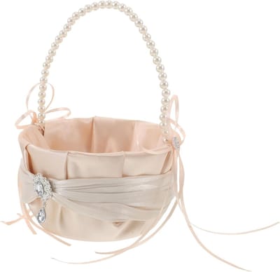 Bloemenmeisjesmand Satijn - Bruiloftsmandje Decoratief - Bruiloft Ceremonie - Kristallen Accent Handvat - 21 x 15 x 7.5 cm - Beige