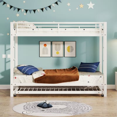 VVBV Metalen Stapelbed 90x200 cm met Uitschuifbed, EN747 - Voor Kinderen/Tieners, Uitvalbeveiliging - Metaal Wit