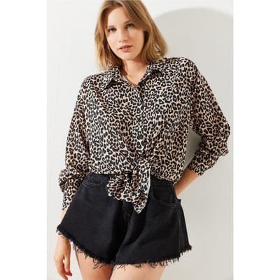 Luipaardprint Lange Mouwen Overhemd met Pompondetails