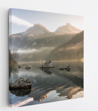 Saammp Canvas Schilderij -Mistig Landschap - Rotsen - Natuur - 20x20 - Foto op canvas - Wanddecoratie - Muurdecoratie Woonkamer - Slaapkamer decoratie - Canvas Print