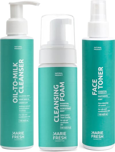 Marie Fresh Cosmetics Oil cleanser + Reinigingsschuim + Gezichtstoner met gefermenteerde mineralen - Skincare voor Gecombineerde & Vette Huid - Gezichtsreinigers - Huidverzorgingsset