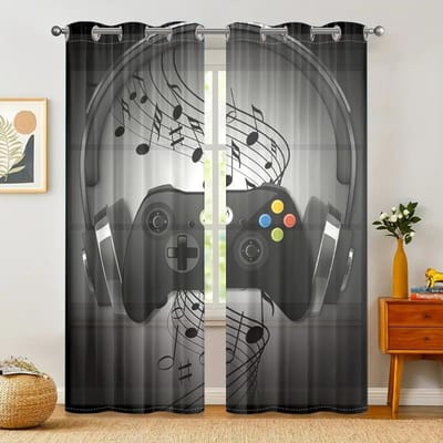 2 stuks, coole retro zwarte oortelefoon met notenontwerp, gordijnen met gamecontroller - woonkamer, slaapkamer, keuken, huisdecoratie W200CM H220CM&Grommet Top