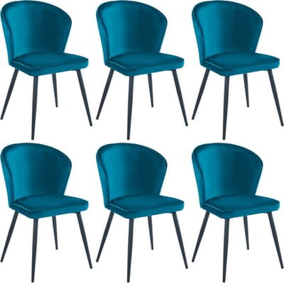 Colenis® - Curve Eetkamerstoel - Set Van 6 - Petrol - Velvet - Zwarte Poten