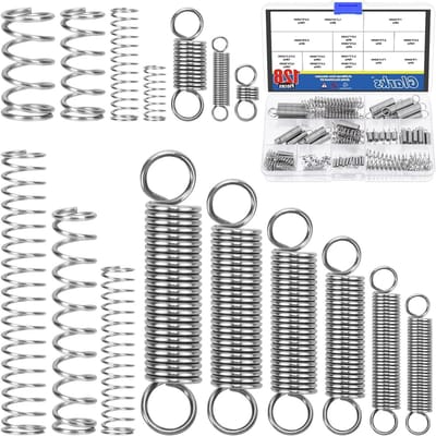 128 Stuks RVS Uitbreidingsveren met Dubbele Haak - 16 Maten Tension Springs Assortiment voor Machinebouw en Industrie
