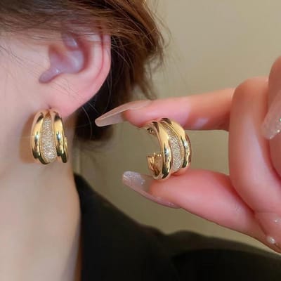 Dubbele Laag C-vormige Net CZ Kristal Goudkleur Glad Metalen Druppel Oorbel voor Vrouwen Minimalisme Hyperbool Mode Feest Sieraden black
