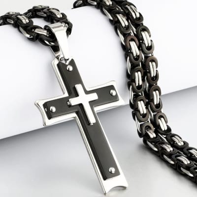 Diyalo lourd Crucifix croix pendentif collier hommes en acier inoxydable mâle colliers chaîne byzantine hommes colliers bijoux cadeaux 55cm gray
