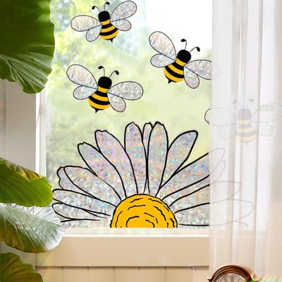 Raamstickers - 2 Stuks - Bijen en zonnebloemen - Bloemenraamstickers - Zonnebloem - Lente/zomerraamstickers - Hechting door statische elektriciteit - Raamdecoratiestickers - Voorkomt vogels tegen glas en ramen vliegen - 30*40cm - Geel