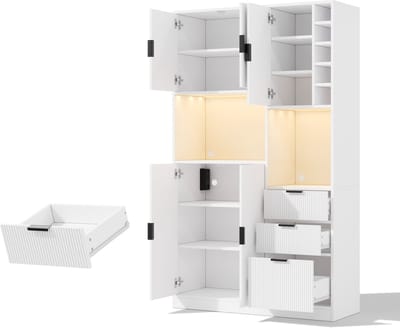 Witte keukenkast met LED-verlichting - Hoge buffetkast 180 cm met wijnrek en 3 lades - Ingebouwde stopcontacten - Voor keuken - 105x40x180 cm Wit