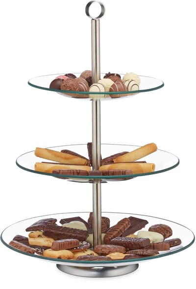etagère 3 laags - rond - 40 x 29,5 cm - cupcakes - fruit - glas - rvs