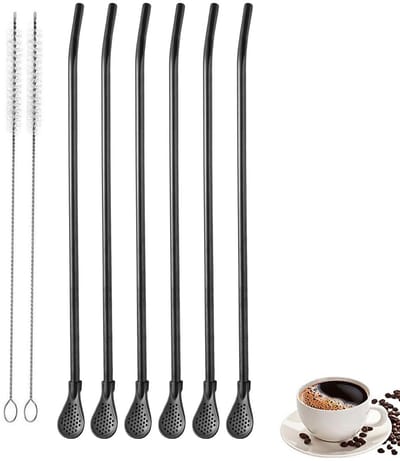6-stuks 18.5cm Lepel en rietje van roestvrij staal - Lepel met lange steel en rietje - Herbruikbaar - Met filter - Met 2 reinigingsborstels - Geschikt voor milkshakes, cocktails, koffie, thee en andere dranken - Zwart