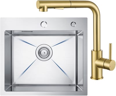 CECIPA max Spoelbak Keuken 50x45CM - Gootsteen RVS - Spoelbakken Met Goud Keukenkraan met Uittrekbare Uitloop en Kraangat - Spoelbakken Keuken - Wasbak Keuken - Enkele Spoelbak - Spoelbakken met afdruip - RVS