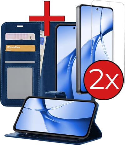 Hoesje - Met 2x Screenprotector - Geschikt voor OnePlus Nord CE4 - Luxe Pasjeshouder - Flip Case - Bookcase Portemonee - Kunstleer Book Case - Flipcase Hoes - Book Cover - Walletcase - Portemonneehoes - Telefoonhoes - Donkerblauw