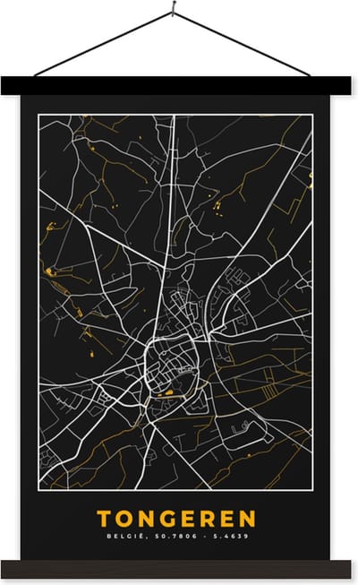 Posterhanger incl. Poster 40x60 cm - Schoolplaat - Goud - Tongeren - Plattegrond - Stadskaart - Kaart - Textielposter - Zwarte latten - Stadskaart