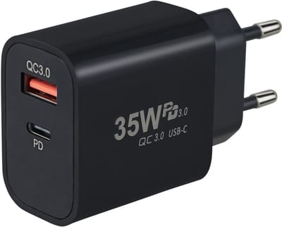Snellader 35W - 1x USB-C PD Fast Charge - 1x USB-A Quick Charge 3.0 – Oplader 35 Watt - GaN Technologie - USB-C Adapter - Geschikt voor Smartphones, Tablets, Etc. - Zwart
