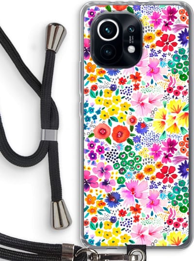 Case Company® - Hoesje met koord geschikt voor Xiaomi Mi 11 hoesje met Koord - Little Flowers - Telefoonhoesje met Zwart Koord - Bescherming aan alle Kanten en Over de Schermrand