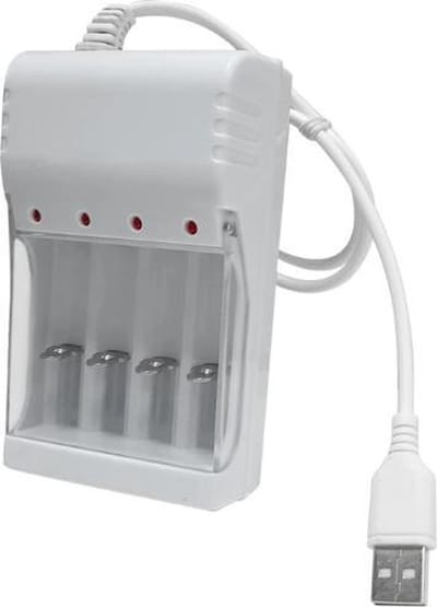 DrPhone BD7 Batterijlader – 4-Poorts USB Oplader voor Oplaadbare AA/AAA Batterijen – LED-Indicator – Wit