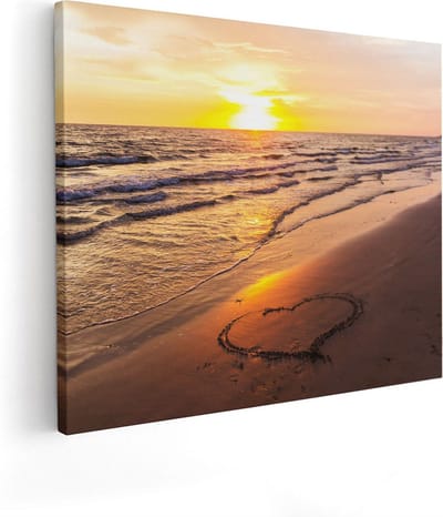 Artaza Canvas Schilderij Zonsondergang Strand - 50x40 cm - Wanddecoratie Zee - Muurdecoratie Hart - Schilderijen Op Canvas