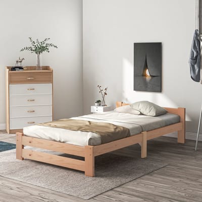 MEUNIQ eenpersoons houten bed 90 x 200 cm met hoofdbord en lattenbodem, grenen bedframe voor slaapkamer of logeerkamer, naturel, 205 x 97 x 49 cm