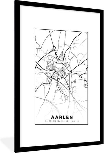 Fotolijst incl. Poster Zwart Wit- België – Aarlen – Stadskaart – Kaart – Zwart Wit – Plattegrond - 60x90 cm - Posterlijst