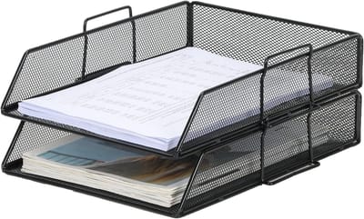 2-laagse A4 mesh stapelbare bureau-organizer voor documenten, tijdschriften en papieren, zwart