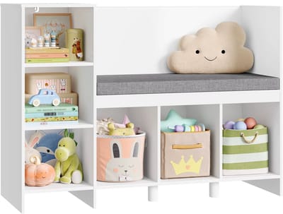 JOYNEXTBUY - Kinderboekenkast met Zitbank – 110 cm Speelgoedrek voor Kinderkamer – Opbergkast met Kussen en 6 Vakken - Wit