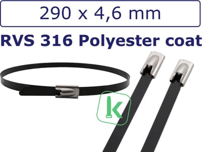 PRO-TIE® - Tyraps, kabelbinders RVS 316 staal - 290 x 4,6 mm Polyester gecoat Zwart (Zak 100 stuks) (tiewrap/tyrap/tie-wrap/bundelbandje/colsonbandje/)