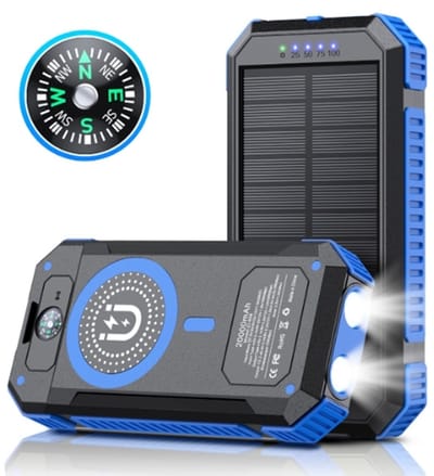 Solar Powerbank 20.000 mAh – magnetisch draadloos opladen – Zonne-energie powerbank - Geschikt als aanvulling op noodpakket - blauw