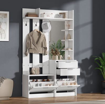 HAUSS SPOLE Schoenenkast - Garderobekast Met Spiegel En 2 Laden - Voor Hal En Slaapkamer - MDF - 110x34x185 Cm - Wit
