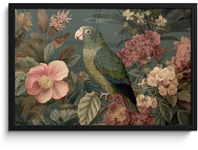 Poster in lijst - Fotolijst 60x40 cm - Posters - Groene papegaai - Kleurrijke bloemen - Donkere achtergrond - Posterlijst zwart - Decoratie - Wanddecoratie woonkamer - Muurdecoratie slaapkamer