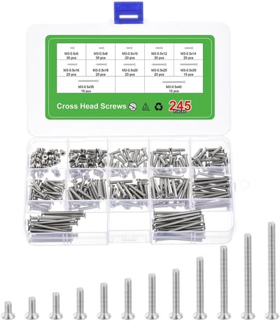Dailygoods - QUARKZMAN 245 stuks verzonken schroeven met kruisboring M3 assortiment schroeven bouten roestvrij staal 304 zilver voor wandcontactdozen huisreparaties