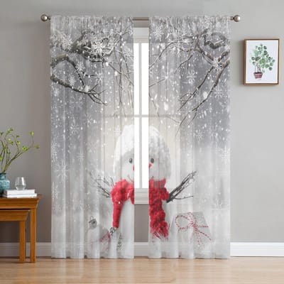 Kerst Winter Sneeuwpop Grijs Transparante Gordijnen voor Woonkamer Decoratie Raamgordijnen Keuken Tule Voile Gordijnen W135 x H115cm x1 gray