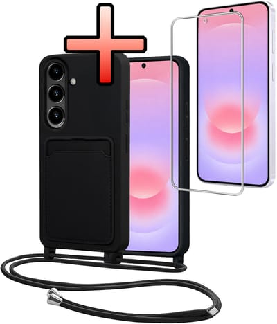 Hoes Geschikt voor Samsung A37 Met Telefoonkoord Met Screenprotector - Siliconen Hoesje Backcover Met Ketting - Zwart