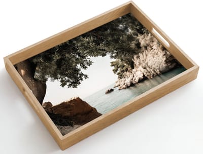 Dienblad hout 50x35 cm - Schootdienblad - Rotsen - Zee - Boom - Groen - Borrelplank rechthoek - Plateau dienbladen