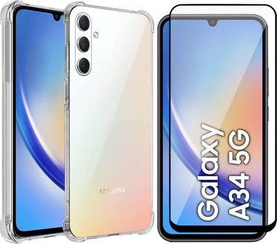 Hoesje geschikt voor Samsung Galaxy A34 - Screen Protector FullGuard - Back Cover Case ShockGuard Transparant & Screenprotector
