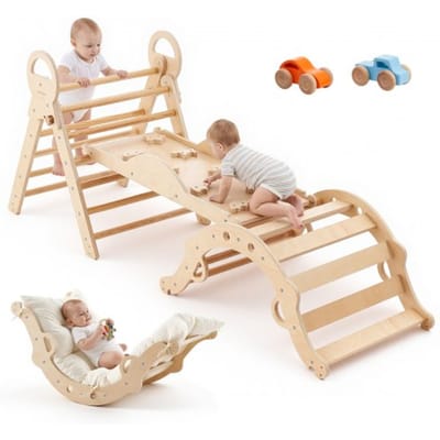 VEVOR Klimdriehoek, 9-in-1 klimspeelgoed met houten autootjes, kussen, klimdriehoek, glijbaan en klimboog, draagvermogen tot 68 kg, Montessori binnenspeelset voor kinderen van 1 tot 3 jaar.