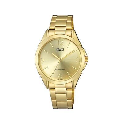 Q&Q C04A-008PY - Horloge - Analoog - Dames - Vrouwen - Stalen band - Rond - Metaal - Cijfers - Streepjes - Goudkleurig