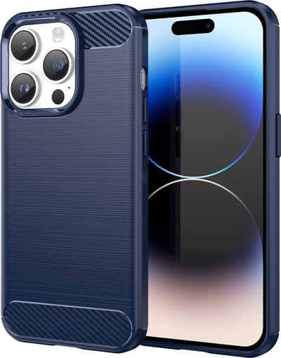 Cadorabo Hoesje geschikt voor Apple iPhone 14 PRO in BRUSHED BLAUW - Beschermhoes van flexibel TPU siliconen in roestvrij staal-carbonvezel look Case Cover