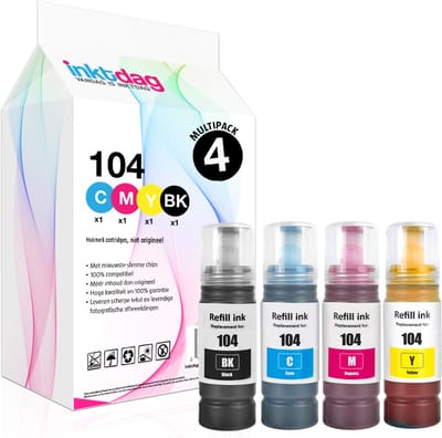 Inktdag huismerk inkt - Epson Ecotank 104 - Zwart en kleur - 70ML ET-2700, ET-2712, ET-2714, ET-2715, ET-2720, ET-2721, ET-2726, ET-2810, ET-2812, ET-2814, ET-2815, ET-2820, ET-2825, ET-4700, ET-4800