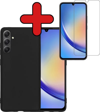 Hoesje - Met Screenprotector - Geschikt voor Samsung Galaxy A34 - Sterk & Shockproof - Telefoon Hoes - Back Cover - Siliconen Case - Telefoonhoes - Zwart