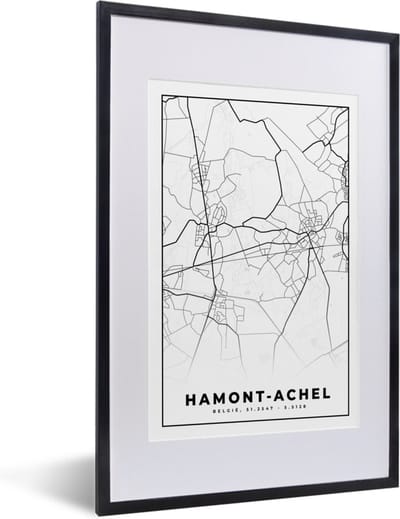 Fotolijst incl. Poster Zwart Wit- Kaart – Plattegrond – Stadskaart – Hamont Achel – België – Zwart Wit - 40x60 cm - Posterlijst