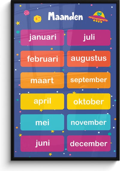 Poster in lijst - Fotolijst 80x120 cm - Posters - Maanden - Educatief - Leren voor kinderen - Ruimte - Posterlijst zwart - Kamer decoratie - Wanddecoratie kinderkamer - Muurdecoratie babykamer
