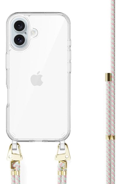 xoxo Wildhearts siliconen hoesje - Geschikt voor iPhone 17 - Aqua Pink - Telefoonhoesje - Hoesje met koord - telefoonkoord - Transparant hoesje - In lengte verstelbaar - Lichtblauw met roze koord