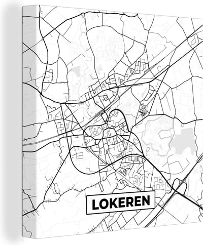 Canvas Schilderij België – Lokeren – Stadskaart – Kaart – Zwart Wit – Plattegrond - 20x20 cm - Wanddecoratie