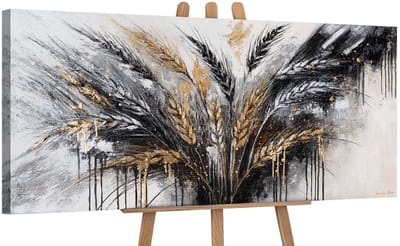 Canvas schilderij panoramisch 115x50 handgeschilderd korenaren natuur zomer – YS-Art Gallery – Warme wanddecoratie voor woonkamer – Modern schilderij voor hal