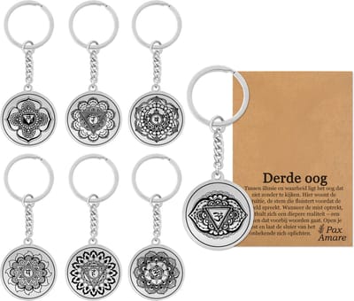 Set van 7 Chakra Sleutelhangers - Zilverkleurig - Kruin | Derde Oog | Keel | Hart | Zonnevlecht | Heiligbeen | Wortel Sleutelhangers Bundel - Spiritueel Medaillon - Pax Amare