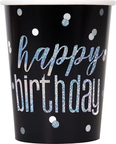 Happy birthday drinkbekertjes 8 stuks Unique / zwart met zilver kartonnen bekertjes verjaardags feestje
