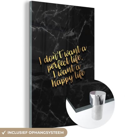 MuchoWow® Glasschilderij 40x60 cm - Schilderij acrylglas - Quote - Happy - Goud - Marmer - Foto op glas - Schilderijen