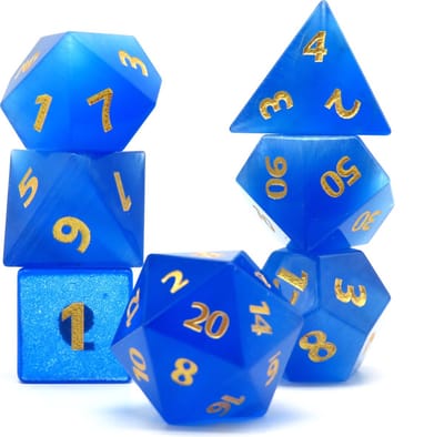 Cat's Eye Gemstone | Edelstenen Polyset Dice | Dobbelstenen - Set Van 7 Stuks - Kattenoog Edelsteen Blauw Wit met Gouden Cijfers | Polydice | D&D en Rollenspellen | Dobbelstenen Set Dungeons and Dragons | Mooi Opberg Doosje