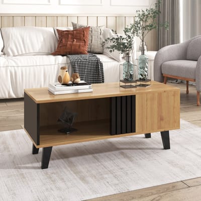 DESMIU Salontafel - Moderne Opbergtafel Met Groot Vak En Twee Extra Vakken - Voor Woonkamer En Ontvangstruimte - Spaanplaat En Glas - Naturel En Zwart - 100 X 60 X 45 Cm