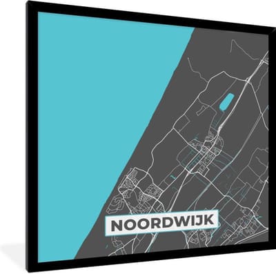 Fotolijst incl. Poster - Plattegrond - Noordwijk - Grijs - Blauw - 40x40 cm - Posterlijst - Stadskaart